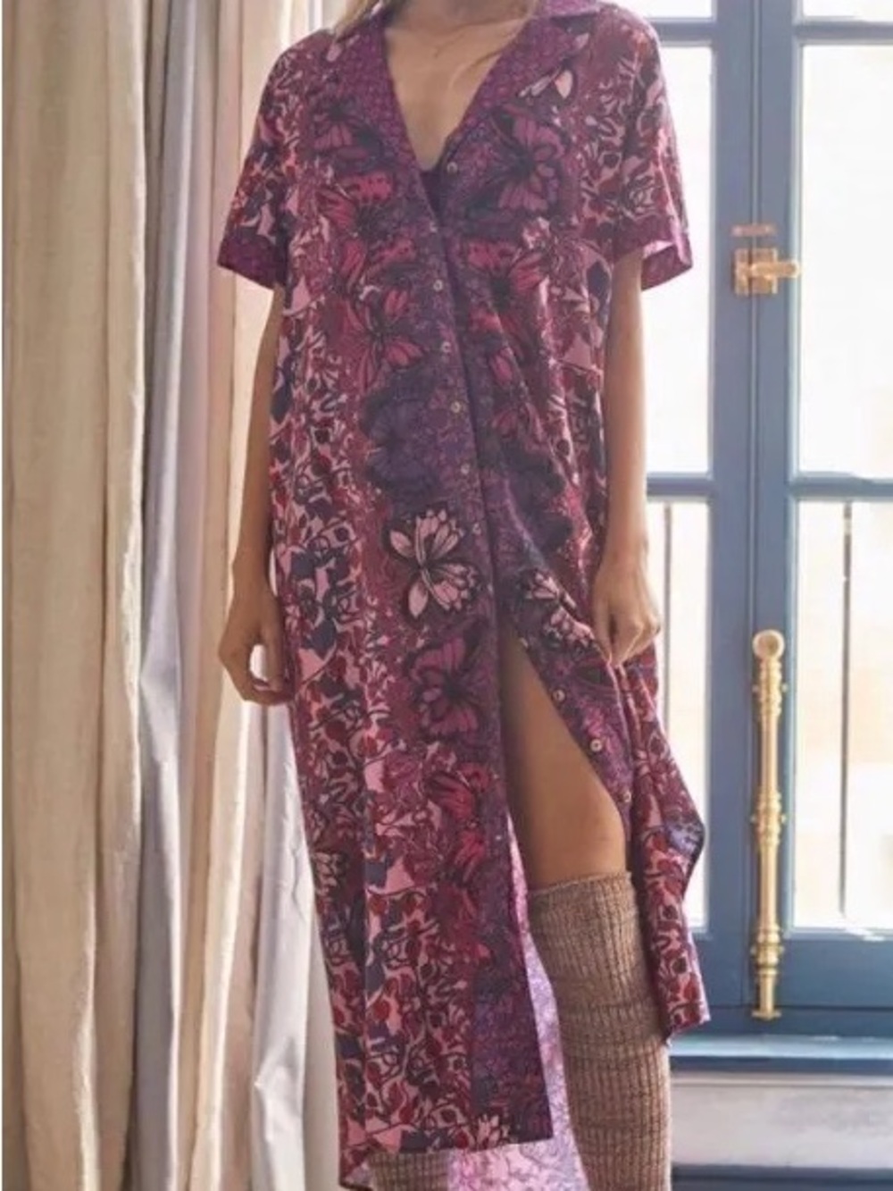 Anthropologie- Alexandra Farmer Purple Pink Button-Front Sleep Dress